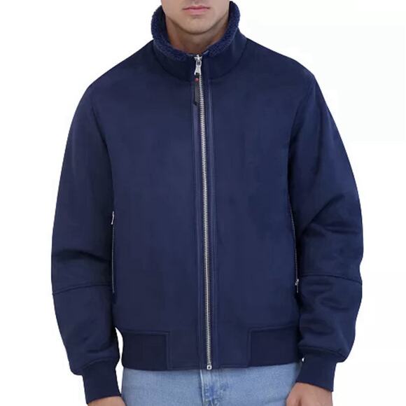 Robert Graham Vegan Faux Suede Navy Blue Quilt Lined Zip Up Bomber Jacket S NEW